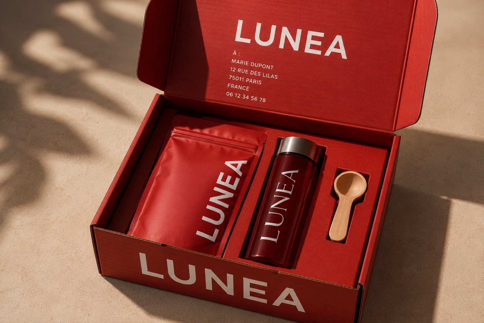Coffret LUNEA ouvert avec sachet, gourde et cuillère